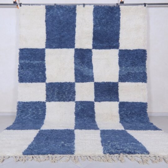 Moroccan beige and blue rug - contemporary wool rug - checkered berber rug